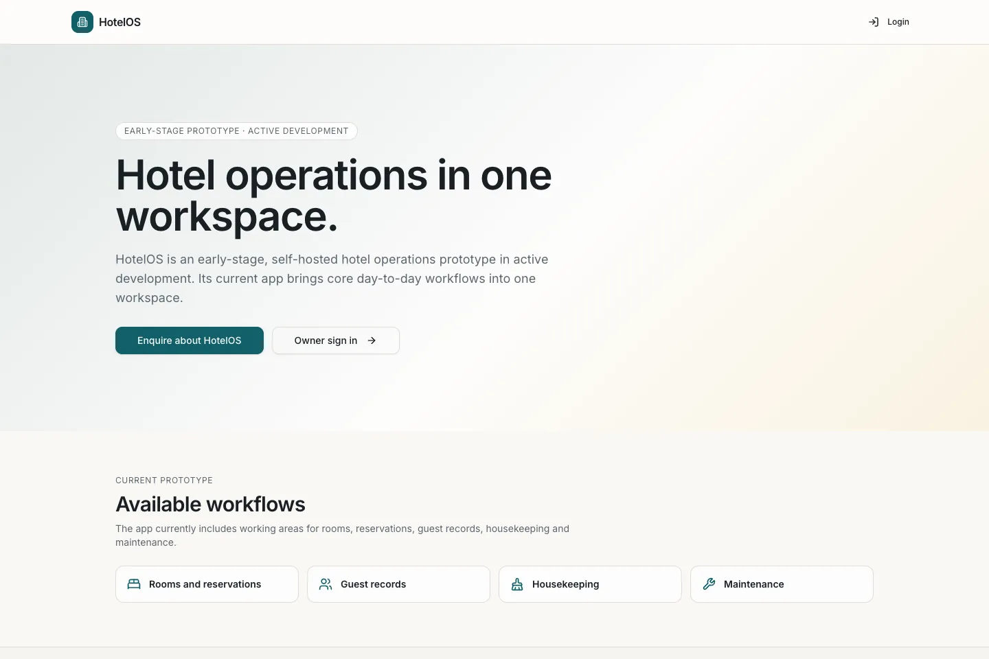 HotelOS public landing page describing its hotel operations prototype and showing the rooms, guest records, housekeeping, and maintenance workflows.
