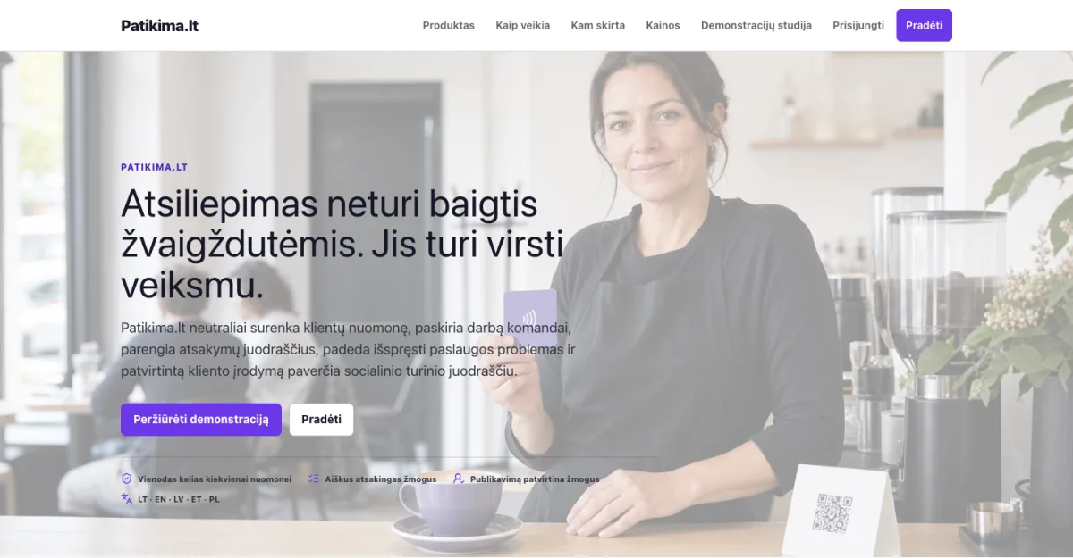 Screenshot of Patikima.lt's Lithuanian landing page hero, showing the review-to-action headline and a café employee beside a QR stand.